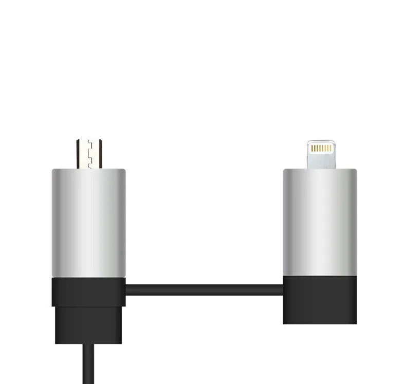 Black and gold dual USB car charger with retractable cable shown plugged into vehicle power outlet