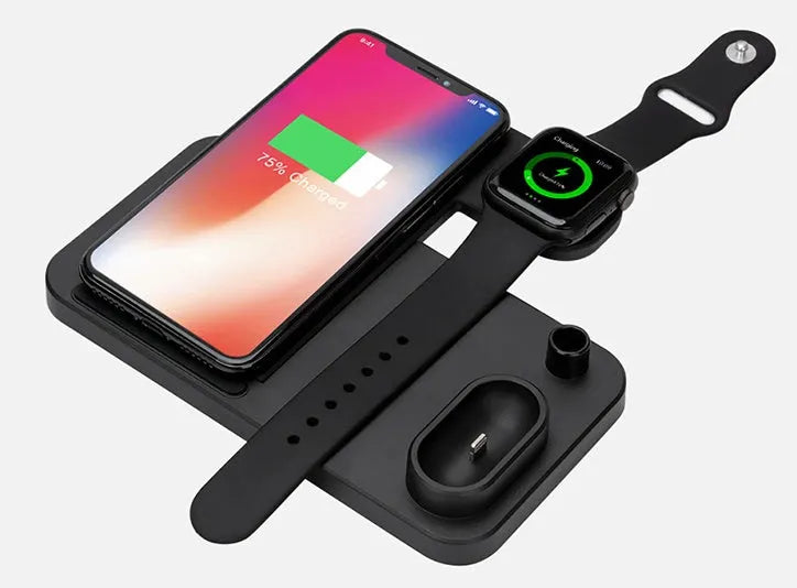4-in-1 wireless charging station showing phone, Apple Watch, AirPods and Apple Pencil charging simultaneously