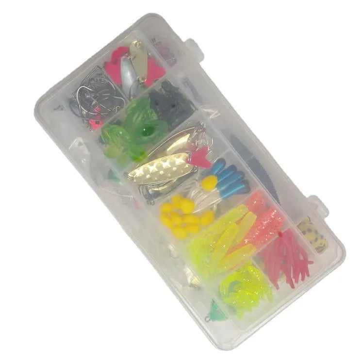 142-piece fishing lure kit with hard minnow lures, sequin lures, hooks, and metal pliers