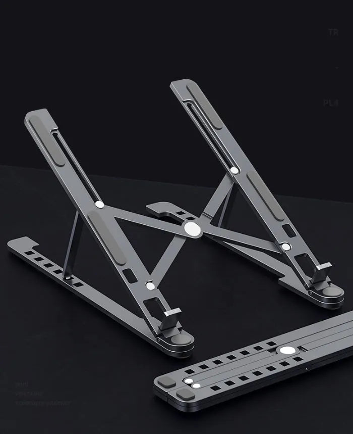 Aluminium laptop stand showing adjustable height mechanism and foldable design