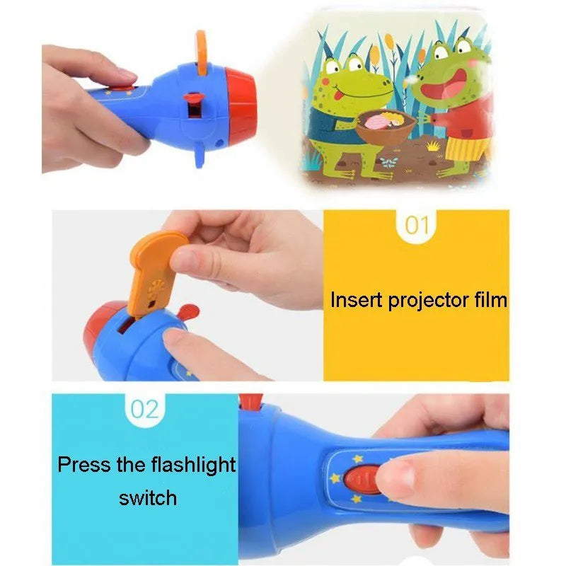 SmartKids storybook projector torch with four discs projecting fairy tale images on a wall