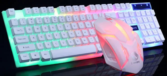 GTX300 black and white wired gaming keyboard and mouse set with backlit keys on a desk