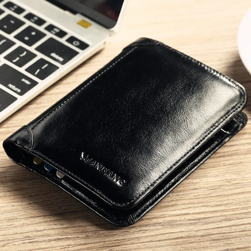 Men's leather wallet open showing photo holder, card slots, banknote folder, and hidden zippered compartment.
