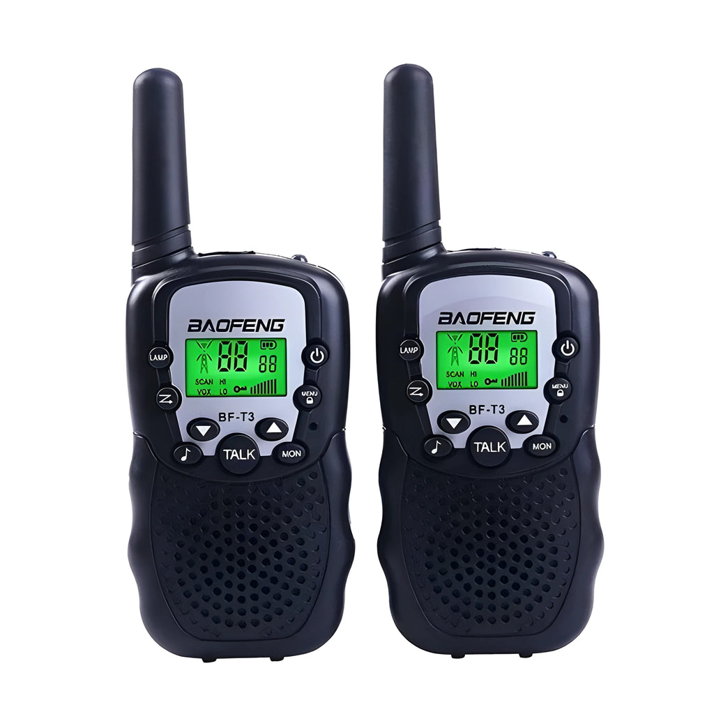Child holding colourful walkie talkie with antenna extended, showing 22-channel display