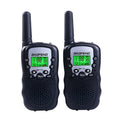 Child holding colourful walkie talkie with antenna extended, showing 22-channel display