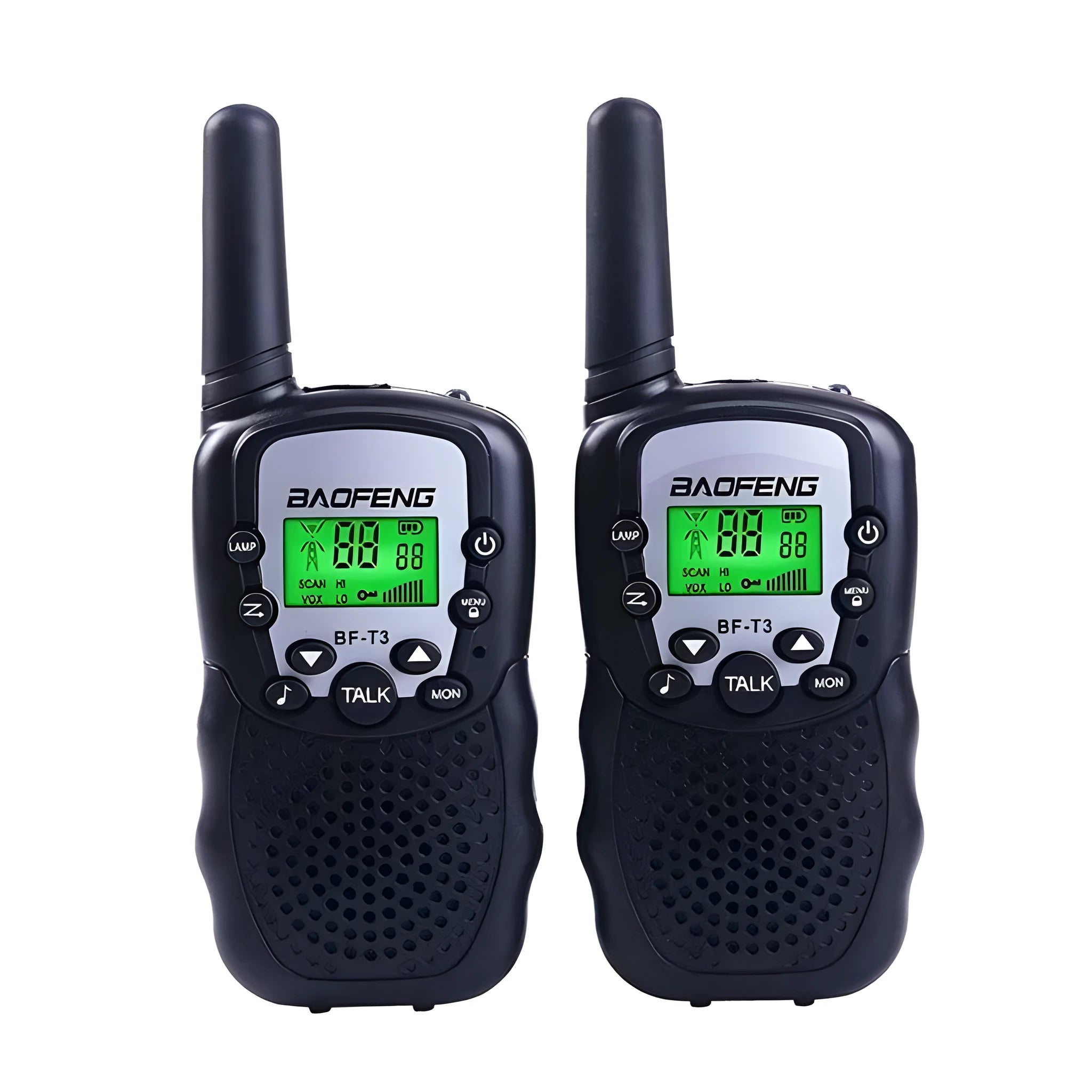 Child holding colourful walkie talkie with antenna extended, showing 22-channel display