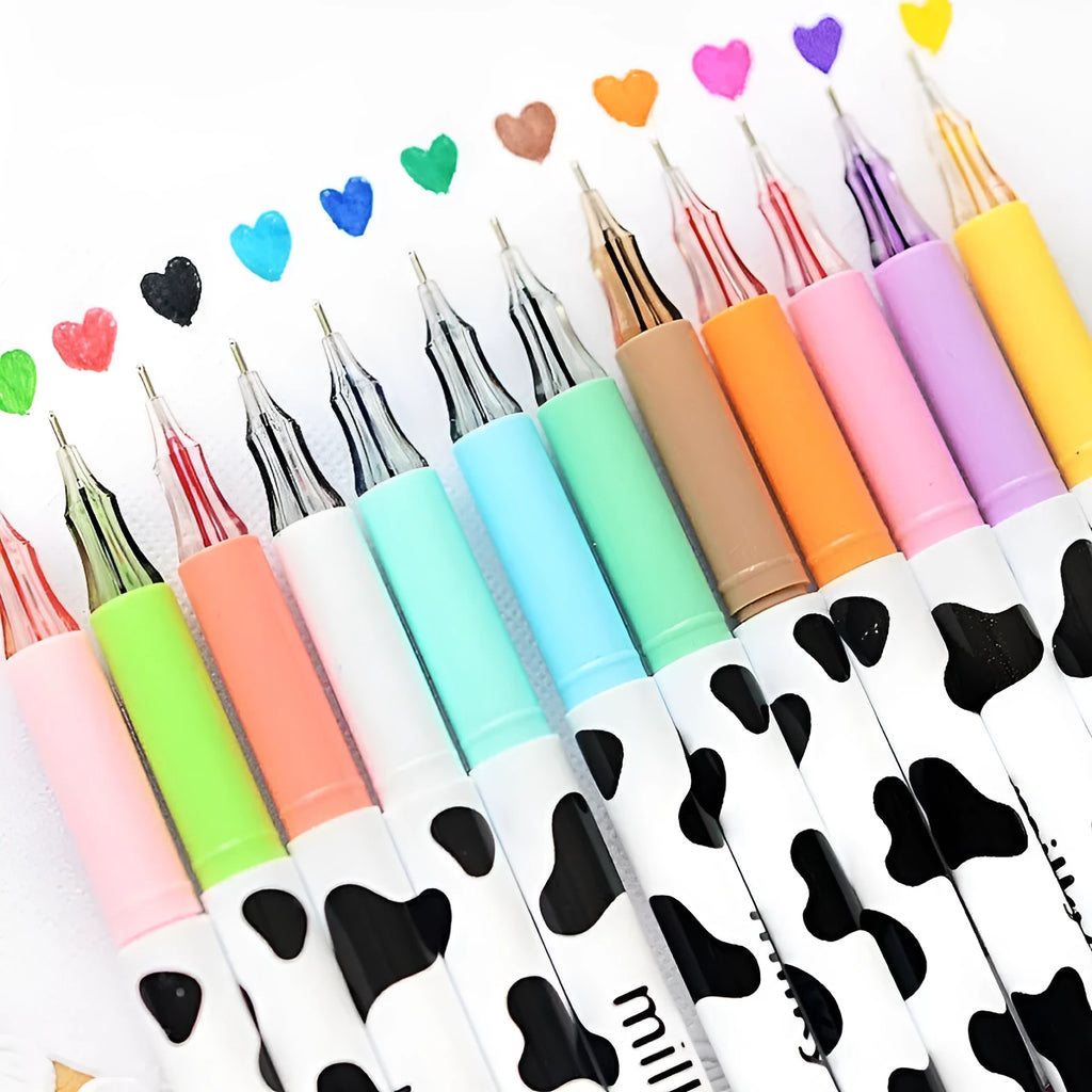 Box of twelve cow print patterned gel pens with 0.38mm fine tips in assorted colours.