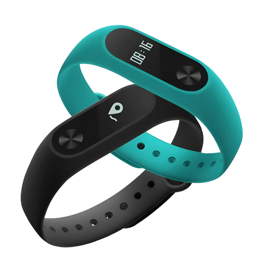Black Xiaomi Mi Band 2 fitness tracker with OLED screen on an adjustable thermoplastic wrist strap.
