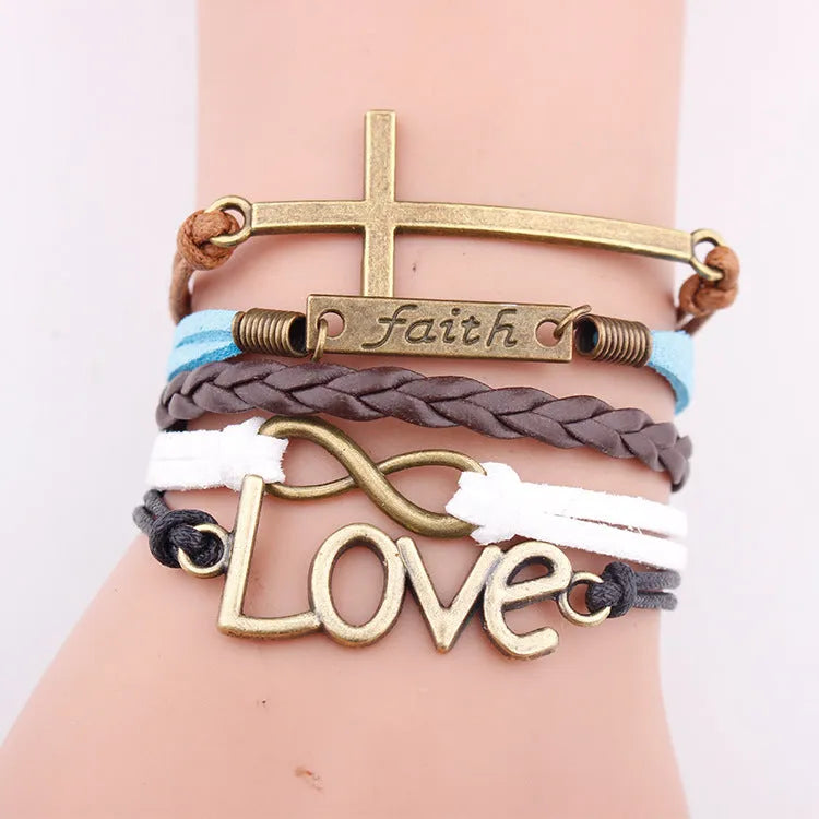 Multi-layer woven leather rope bracelet with love pendant and faith letter charm, 16cm + 5cm adjustable, unisex