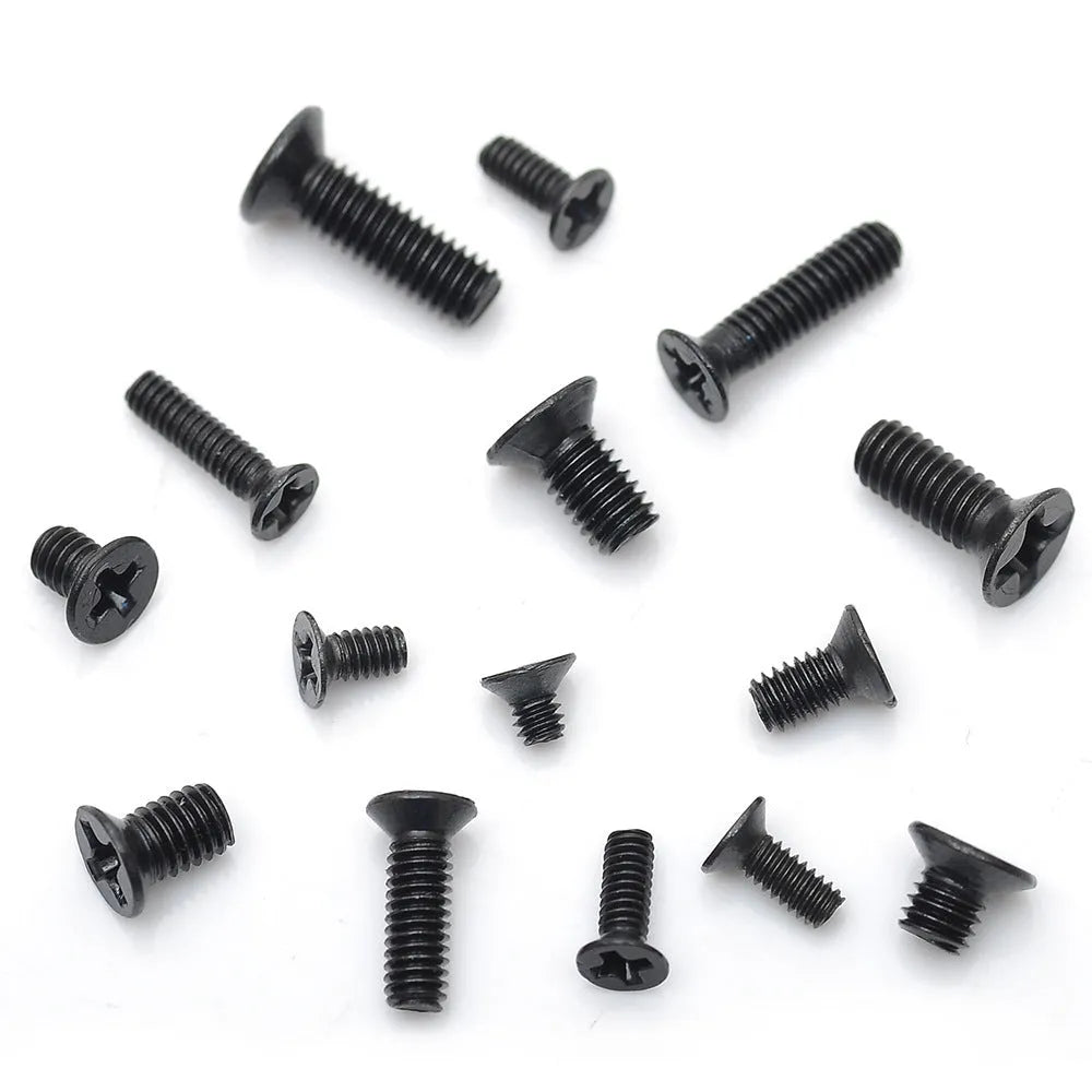 Black-plated laptop machine screws with flat countersunk head and cross-drive groove.