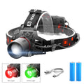 T6 LED headlamp with zoomable focus showing white, red, and green light options on an adjustable headband.