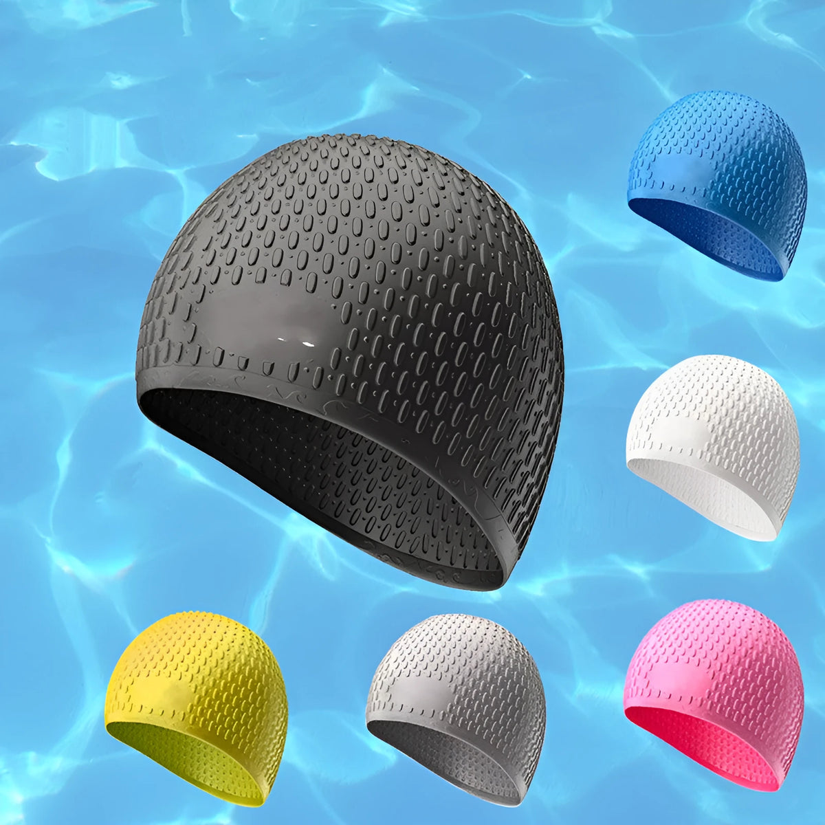 Silicone water drop style swimming cap for adults in various solid colours