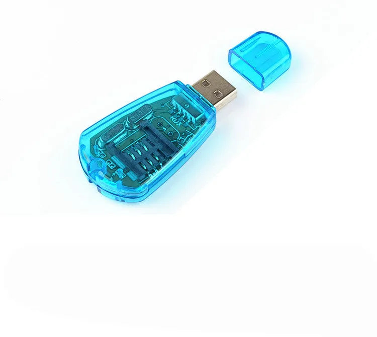 Blue USB 2.0 SIM card reader for mobile phones with external installation for computer connectivity