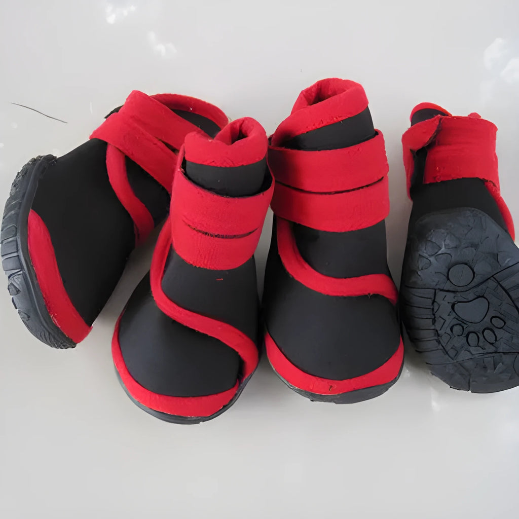 Big dog shoes in blue, pink, red with neoprene upper and beef tendon sole, sizes 1-4.