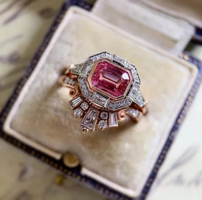 Women's geometric ring with rose gold finish and ruby accents, retro European and American style