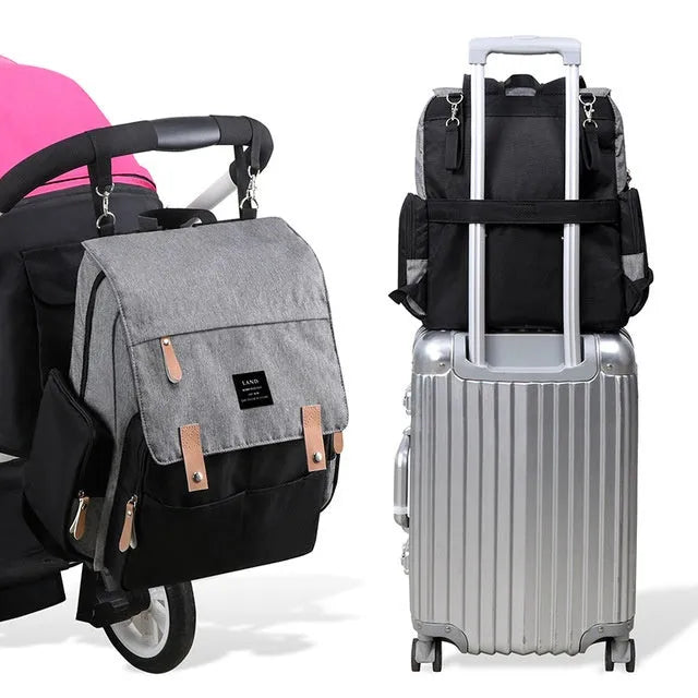 LAND grey Oxford cloth mum diaper backpack with changing mat, shown with dimensions