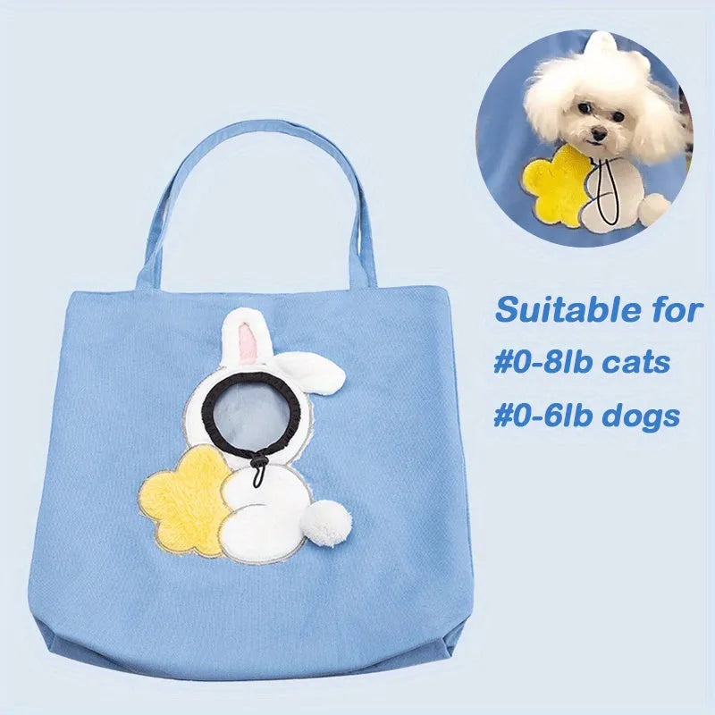 Canvas pet carrier bag with animal patterns, showing safety zippers and an elastic side opening.