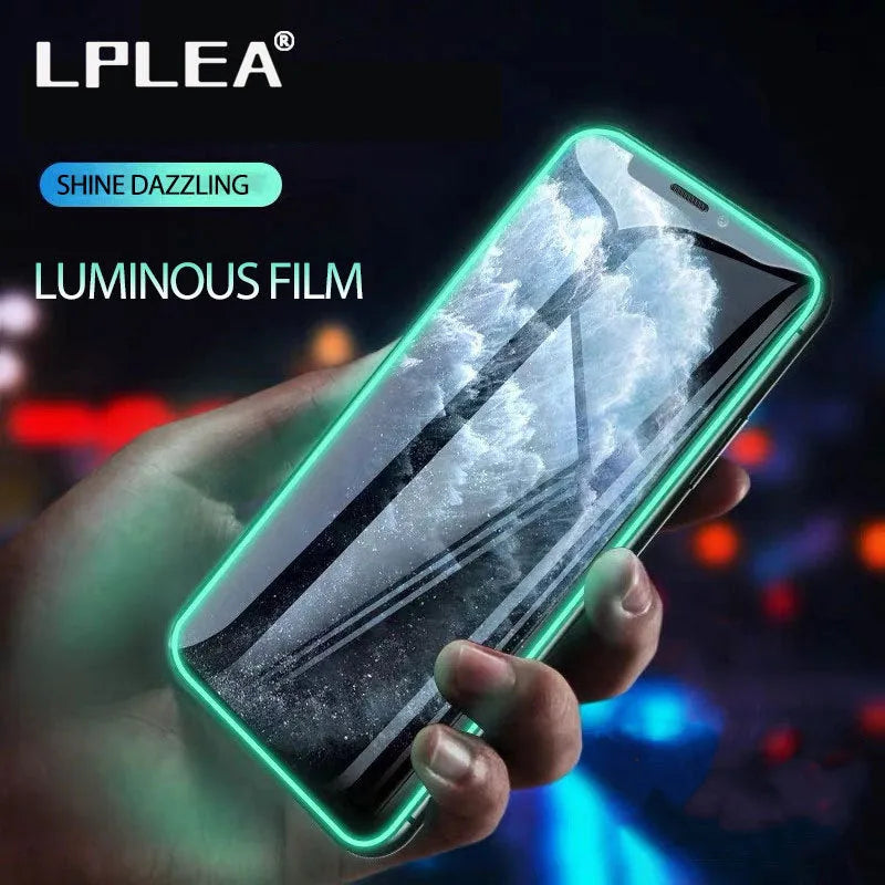Luminous full cover tempered glass screen protector for iPhone showing glow effect in dark setting