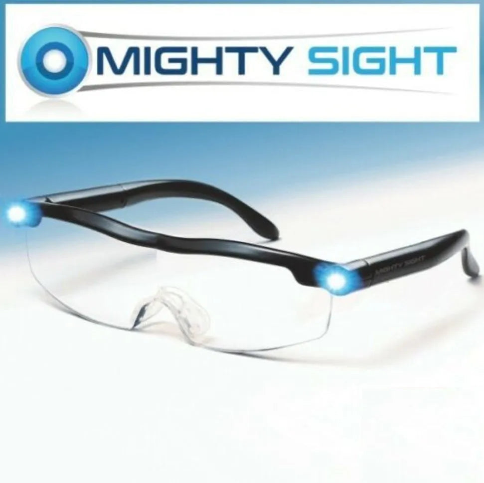 Transparent black USB LED reading glasses with integrated light on the frame.