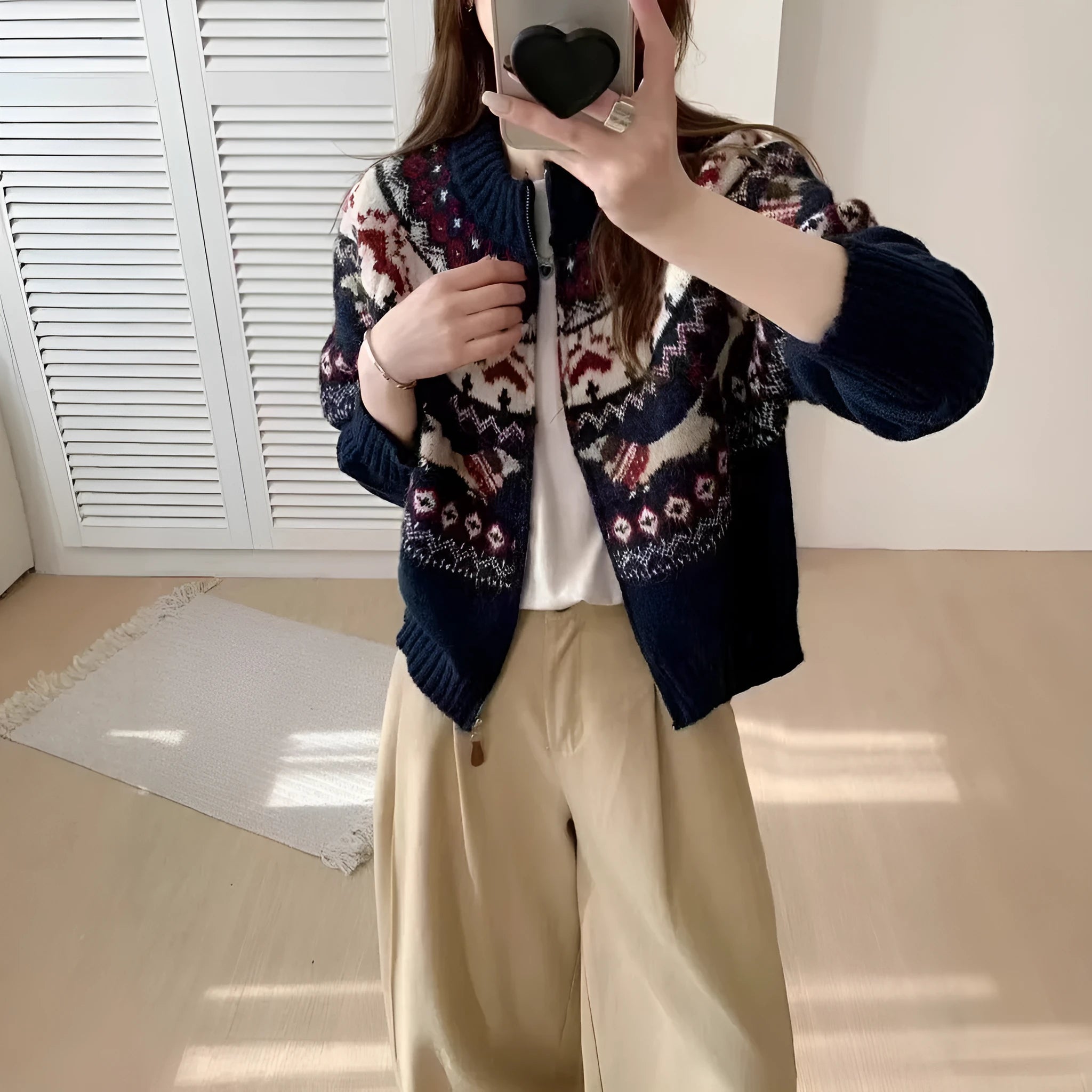 Ethnic style heavy industry jacquard round neck pullover sweater with 3D effect pattern in beige apricot or navy blue loose fit