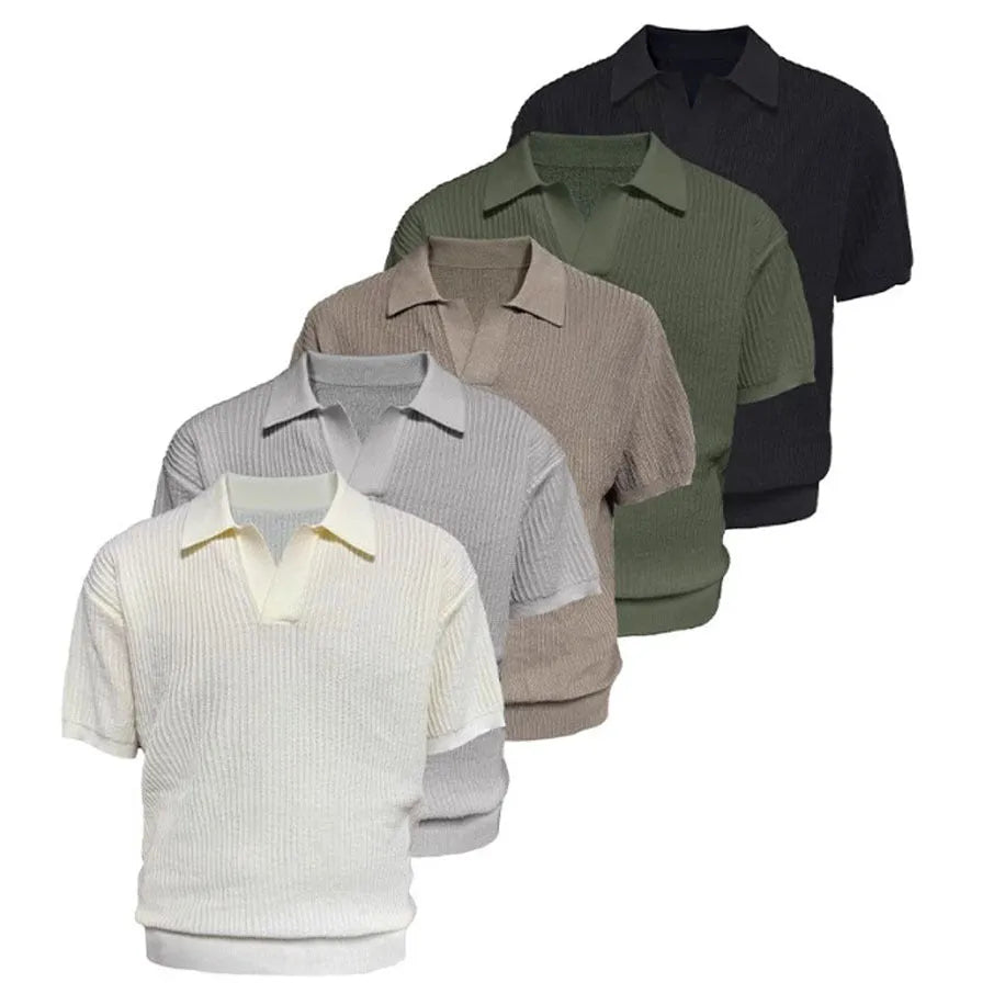Men's creamy-white loose fit polo shirt with striped collar and short sleeves.
