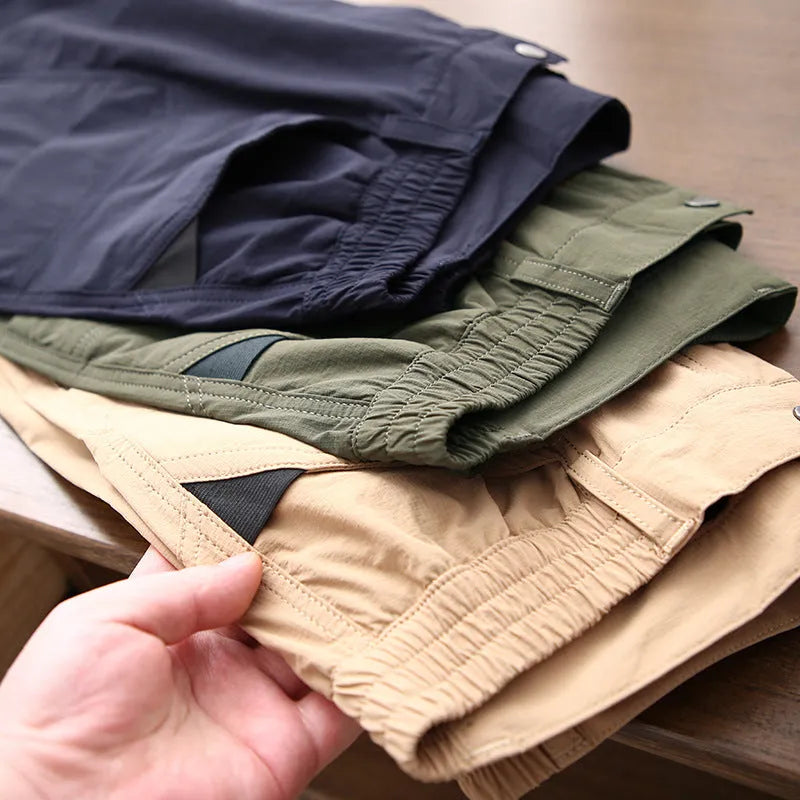 Men's summer cargo shorts with multi pockets in navy blue, khaki, or Army Green, sizes M to 5XL