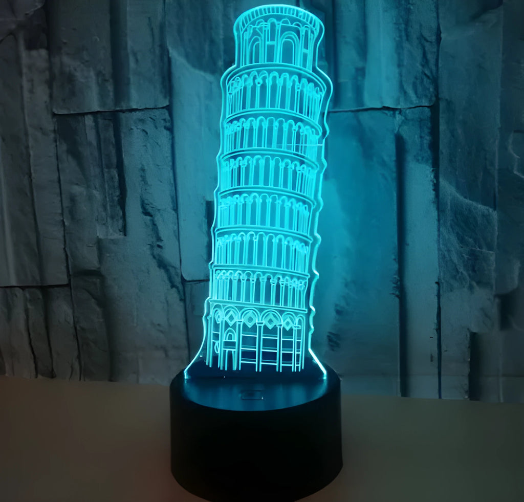 3D acrylic Leaning Tower of Pisa nightlight on black ABS base with USB cable and remote.