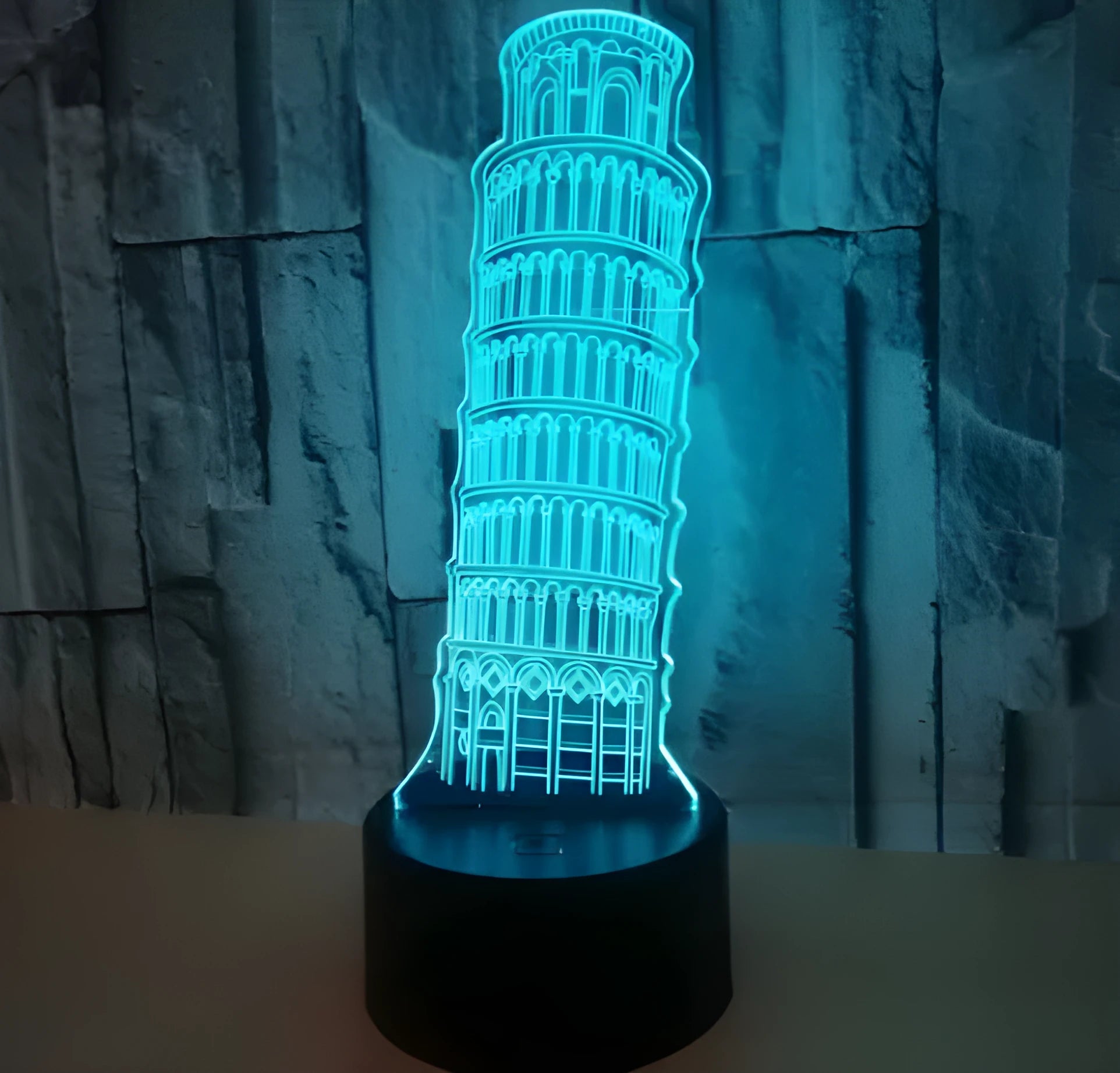 3D acrylic Leaning Tower of Pisa nightlight on black ABS base with USB cable and remote.
