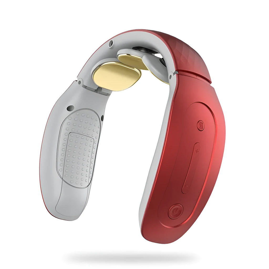 Small red and white handheld intelligent cervical massager on a grey background