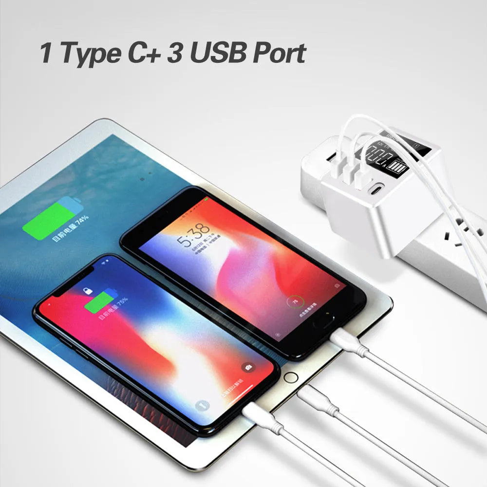 White 4-port USB travel charger with LED display showing output numbers, with UK plug pins.