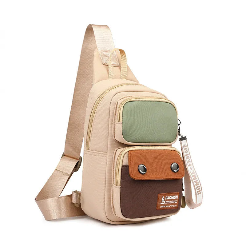 Nylon crossbody shoulder bag with contrast colour options and letter pattern detailing