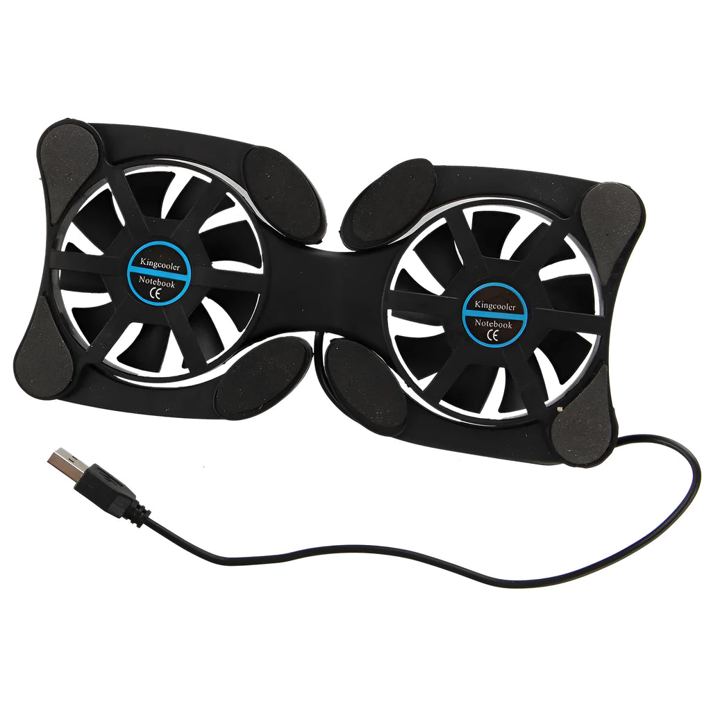Black folding laptop cooling pad with two 70mm fans, USB powered, for 7-15 inch notebooks