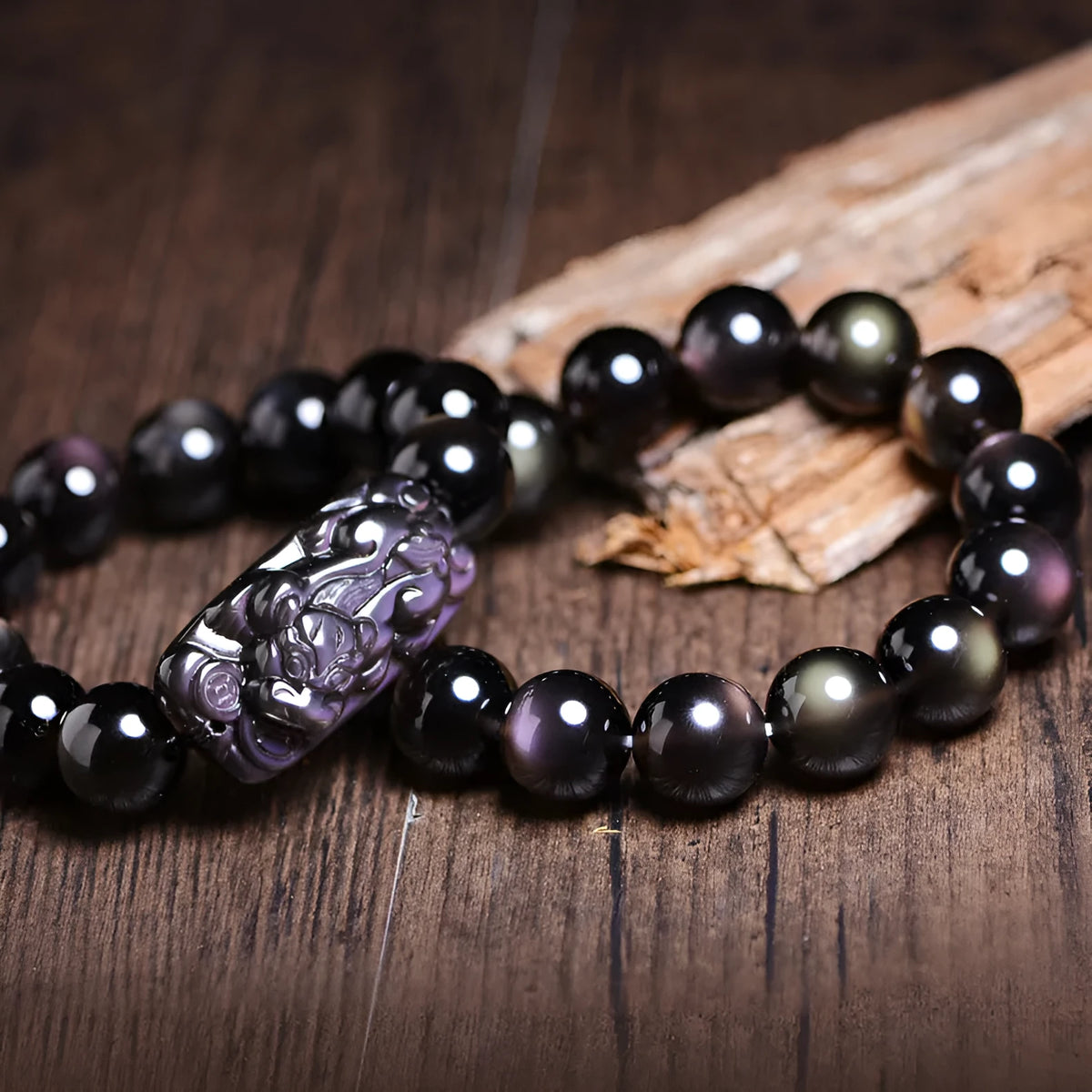 Natural Icy Obsidian crystal Pi Xiu bracelet with geometric beads in ethnic style