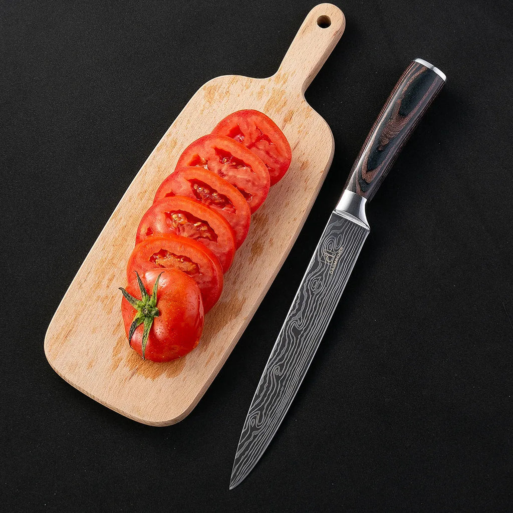 Chef knife with laser Damascus pattern on 7CR17 steel blade and colour steel handle.