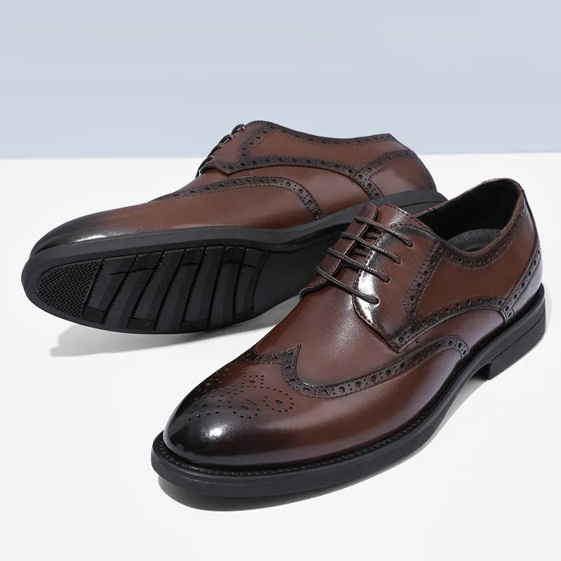 Men's black and brown brogue leather business shoes with traditional perforated detailing