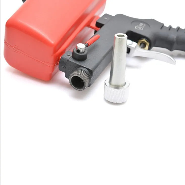 Pneumatic sandblasting gun with a large top-mounted tank, shown in black or blue.