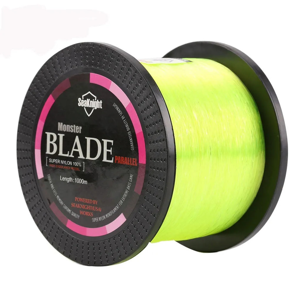 Seaknight1000 roll of nylon fishing line showing colour options of black, blue, green, white, and yellow.