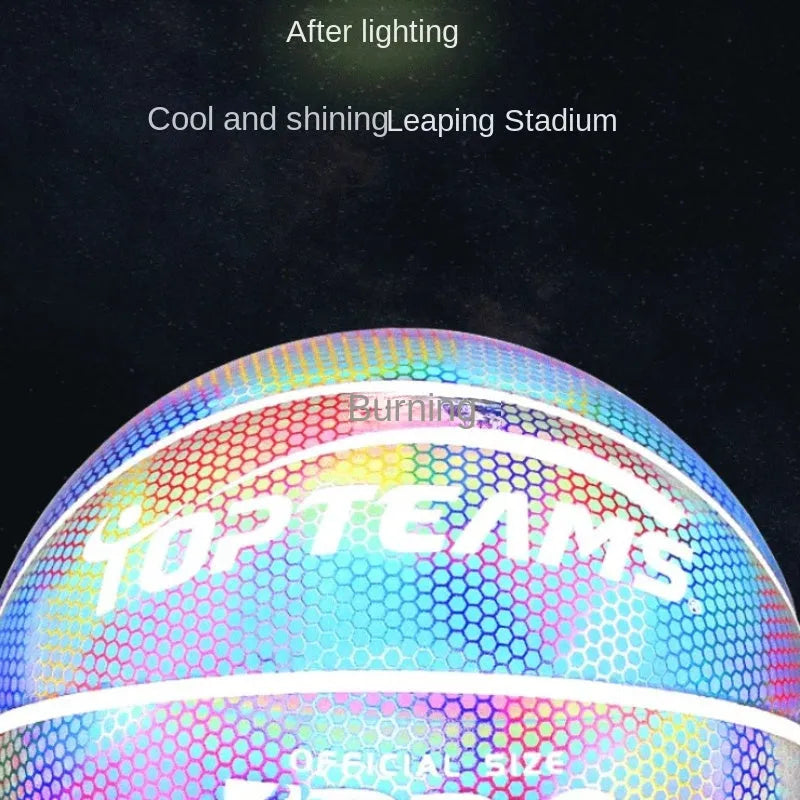 Size 7 holographic reflective basketball in chroma colour on a dark background.