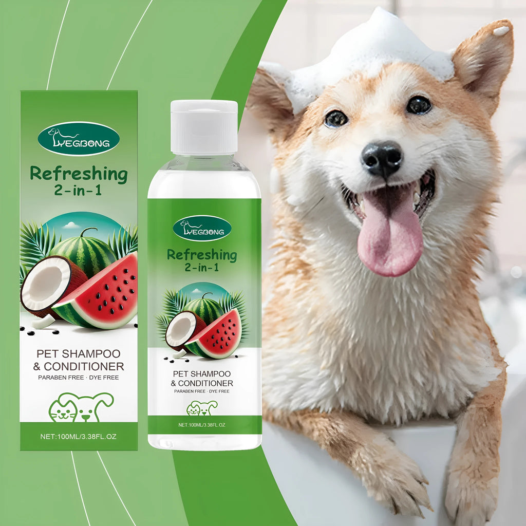 100ml bottle of pet 2-in-1 shampoo and shower gel with watermelon and coconut extracts.