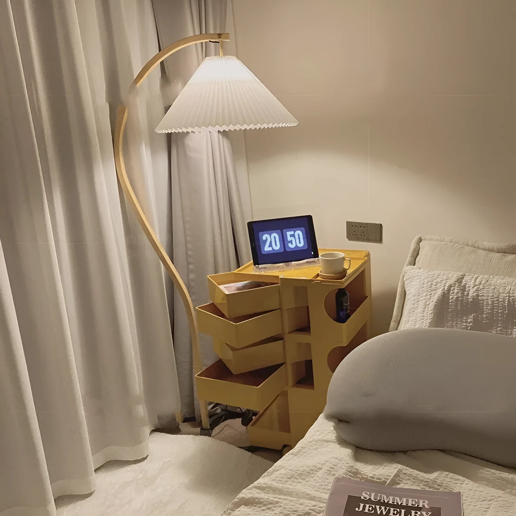 Retro vertical table lamp with log white lampshade and three-colour variable light function