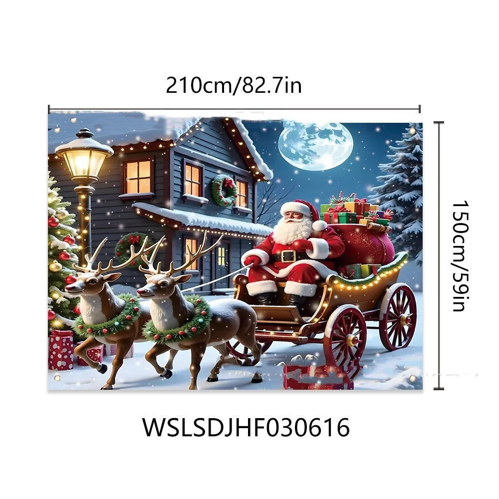 Red Christmas banner with Santa Claus and gifts at night, measuring 210 cm wide by 150 cm high.