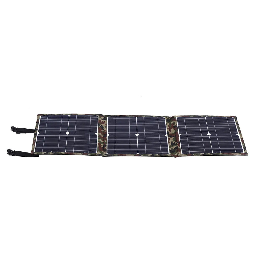 Black foldable solar panel unfolded showing three solar cells with included charging accessories