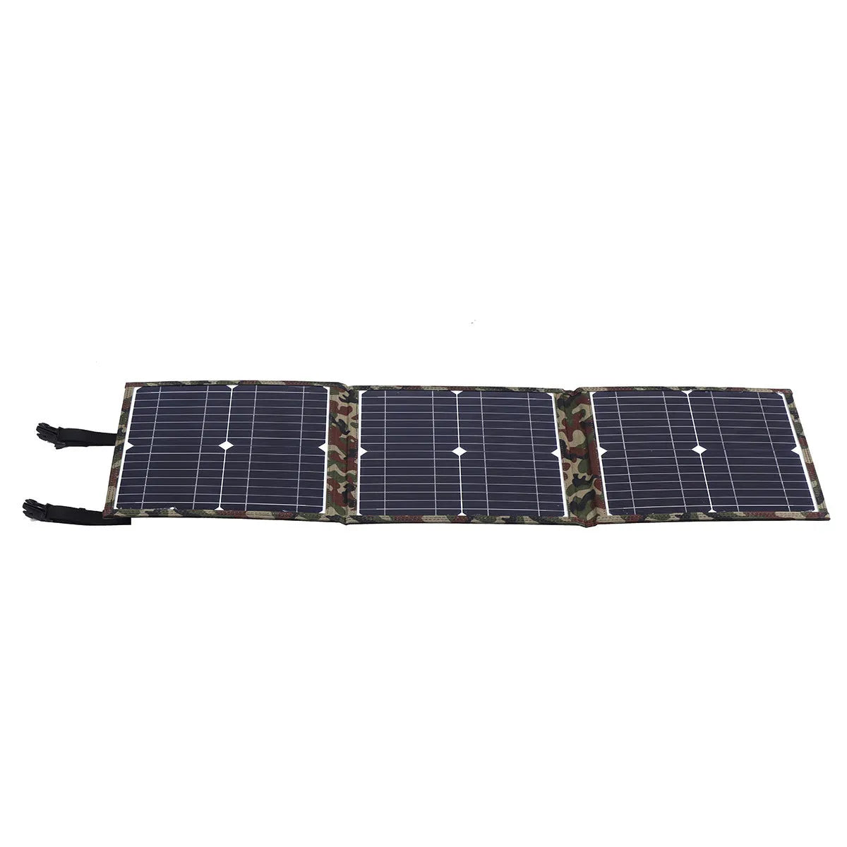 Black foldable solar panel unfolded showing three solar cells with included charging accessories