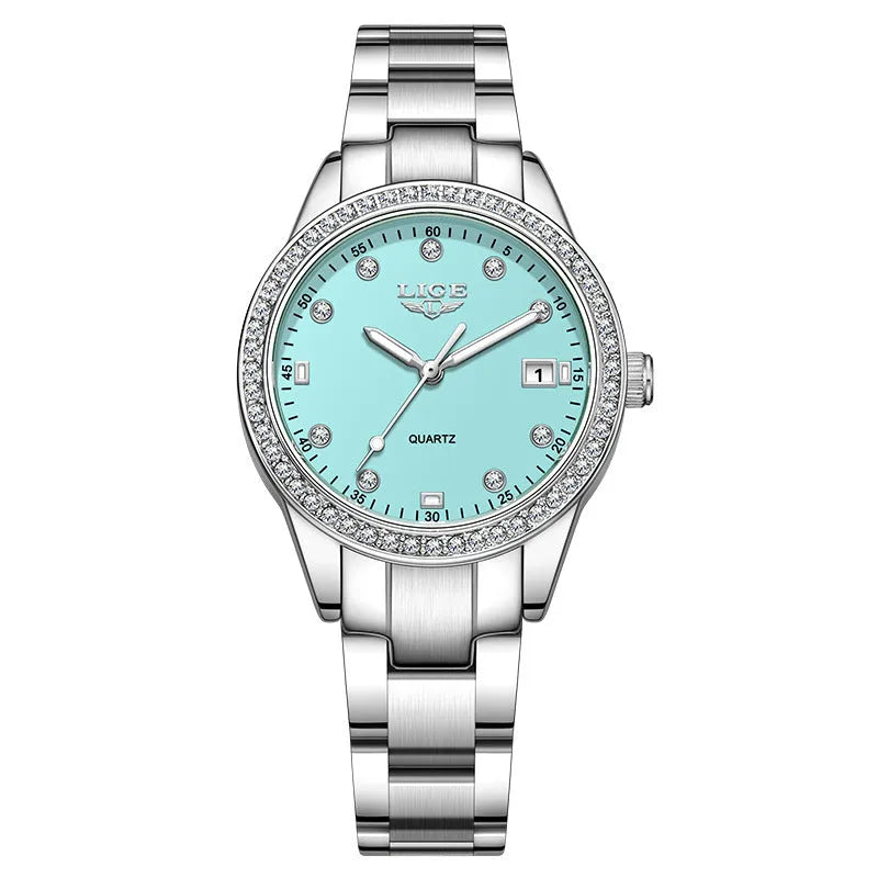 Fashion girl quartz watch with stainless steel case, luminous dial, and spiral crown in silver colour options