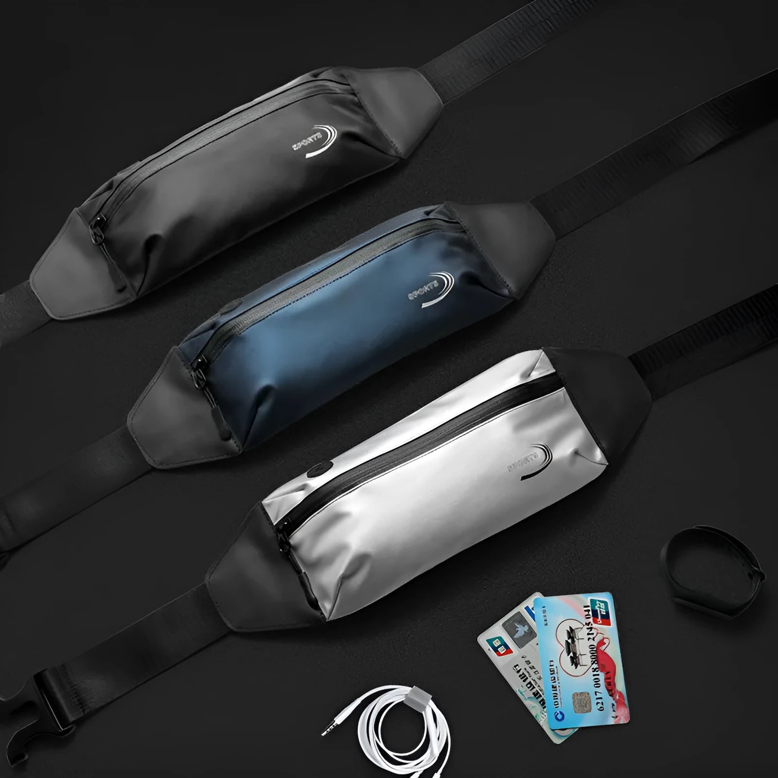 Men's waterproof sports waist bag in polyester Oxford fabric in black, blue or grey colours
