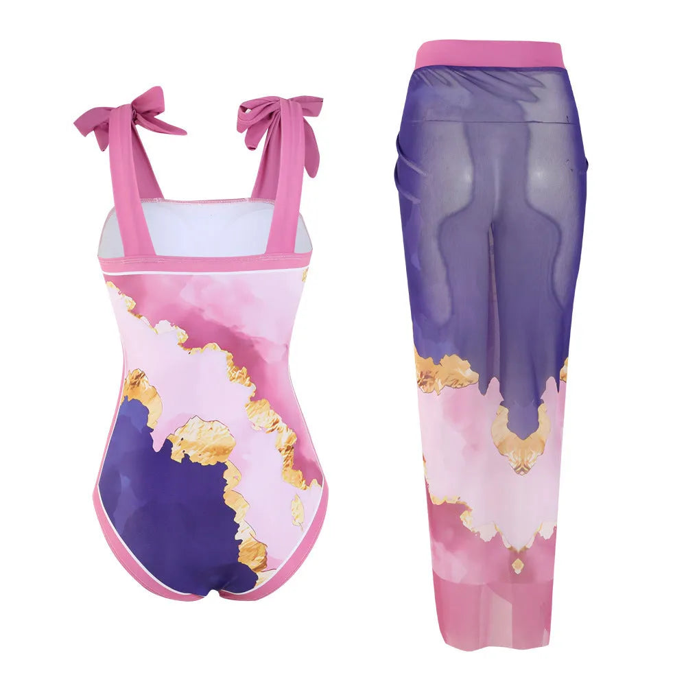 Floral-printed conservative one-piece swimsuit with mesh tube top and matching skirt
