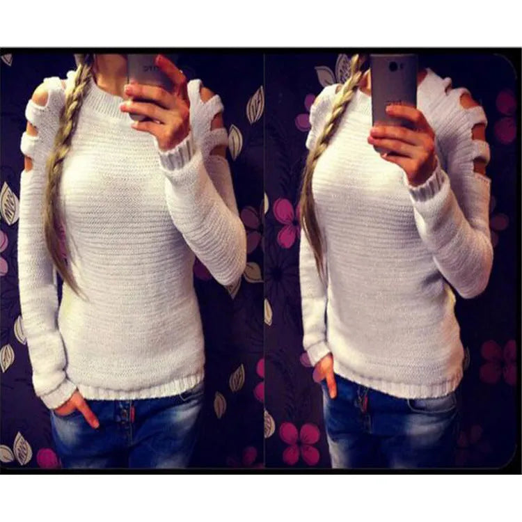 Women's white knitted bottoming shirt with hollow-out crochet detail showing round neck and long sleeve construction