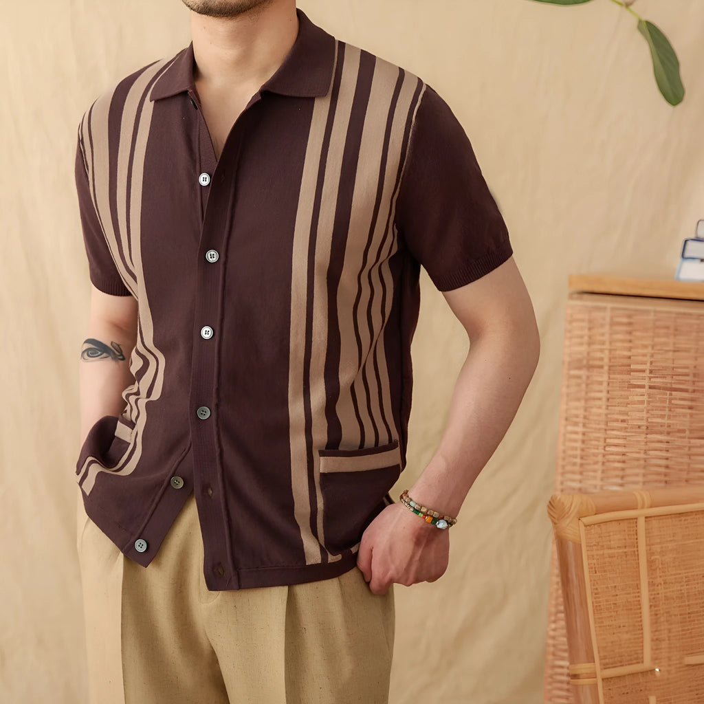 Short-sleeved cotton polo shirt with knitted cardigan design in striped pattern showing lapel collar detail