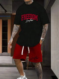 Man wearing a matching 3D printed letter design short sleeve top and shorts in a sportswear setting.