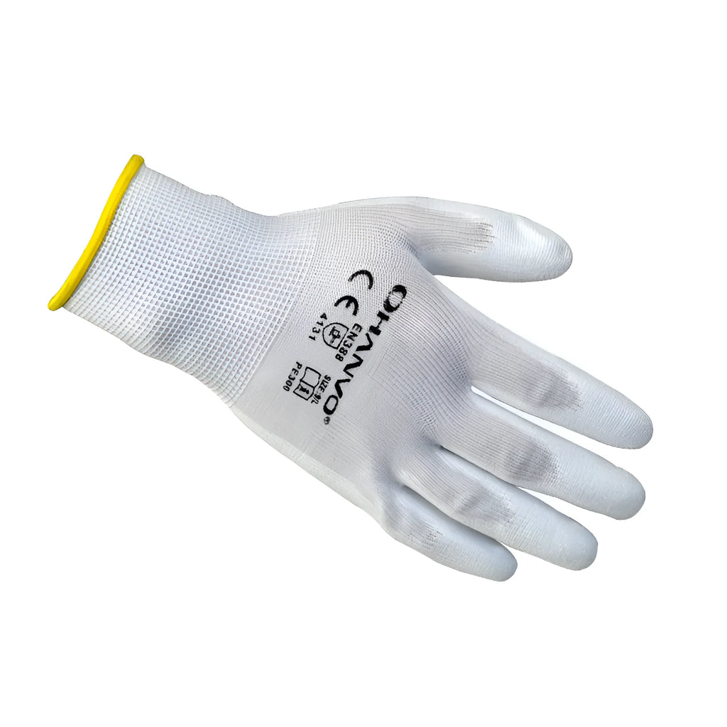 White PU coated labor gloves in size L and M, sold as a 10 pair pack for workshop use